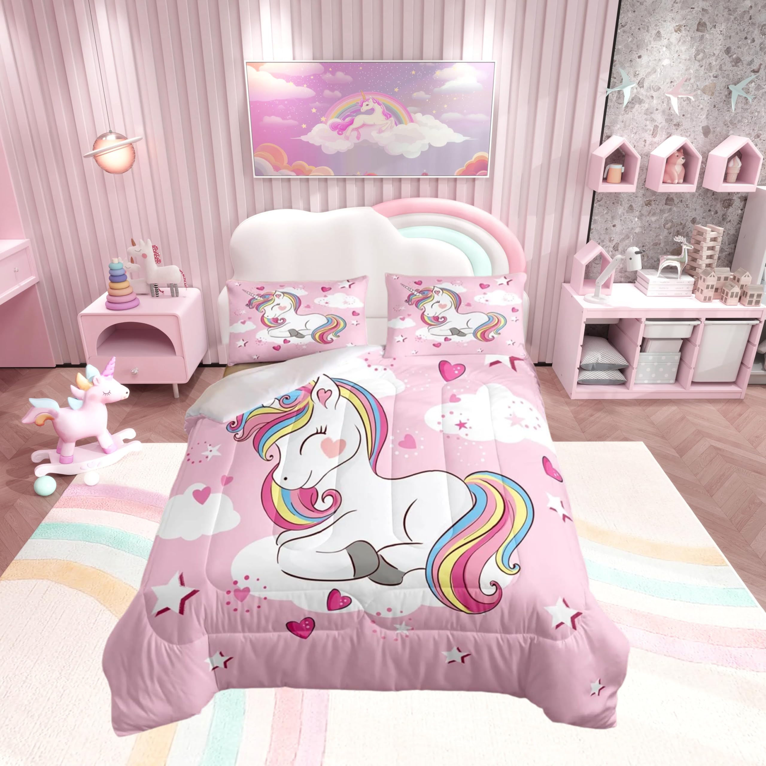 Loussiesd Unicorn Duvet Set for Kids Girls Pink Heart Bedding Set Unicorn Gifts Quilted Down Comforter Single Size