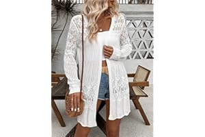 Women's Solid Color Summer Crochet Hollow Solid Color Beach wear Long Sleeved Cardigan Jacket