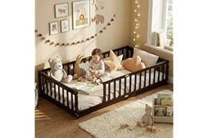 MoproBeti Twin Floor Bed with Safety Guardrails for Kids, Rubber Wood Montessori Bed with Slats, Twin Size Bed Frame for Girls and Boys,No Box Spring Needed,Espresso