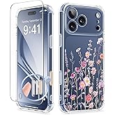 GVIEWIN for iPhone 17 Pro Case with Screen Protector, Upgraded [Full Camera Protection] [Non Yellowing] Floral Slim Shockproof Clear Women Phone Cover for iPhone 17 Pro 6.3