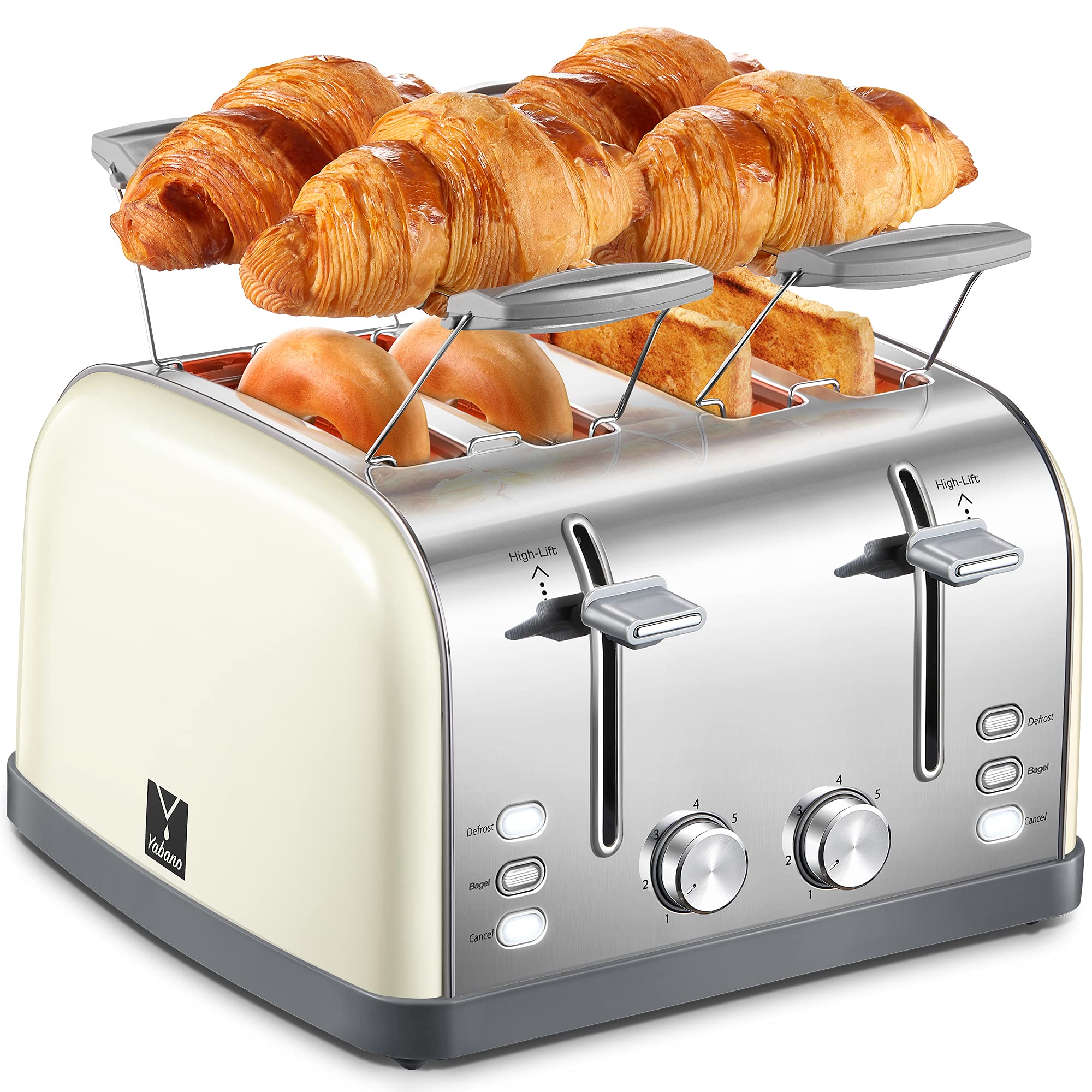Toaster 4 Slice, Extra Wide Slots, Stainless Steel with High Lift Lever, Bagel and Muffin Function, Removal Crumb Tray, 7-Shade Settings with Warming Rack, Yellow, Yabano