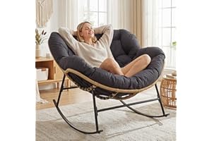 RADIATA Outdoor Papasan Rocking Chair with Cushion, Oversized Patio Lounge Rocker, All Weather PE Wicker Comfy Egg Rocking Chairs, 450 lbs Heavy Duty Recliner Glider for Balcony, Porch, Garden, Grey