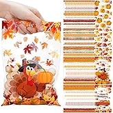 Teenyyou 100 Pcs Thanksgiving Treat Bags with Handles Happy Thanksgiving Plastic Gift Favor Leaves Pumpkin Turkey Goody Candy Bags for Fall Autumn Party Supplies (Clear)