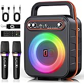 Karaoke Machine with 2 Wireless Microphones, Portable Bluetooth Speaker for Adults & Kids with RGB Light PA System Treble & Bass, Support TWS/USB/AUX/TF Card/REC, Supply for Home Party Outdoors