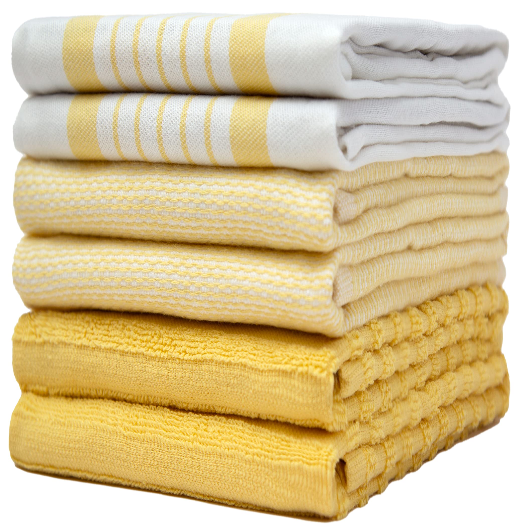 6 Pack Large Tea Towel Set | Absorbent Kitchen Hand Towels | Soft Cotton Dish Towels | Horizontal Ribbed Flat & Terry Towel with Hanging Loop | Vibrant Dyed - Yellow (50 x 70cm)