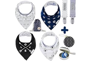 Dodo Babies Bandana Drool Bib Set – Four 100% Cotton Bibs with Soft Polyester Lining, 2 Pacifier Clips, Binky Case, Navy Dot Gift Bag for Baby Girl or Boy Shower – Adjustable Snap Fit for 3-24 Months