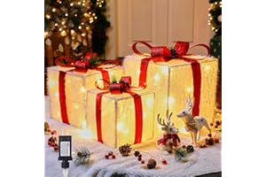 MINETOM Christmas Decorations Lighted Gift Boxes Set of 3, Foldable 12" 10" 8" Xmas Gift Boxes with LED Lights, Bows, Berries and Pinecones for Indoor Outdoor Christmas Tree, Yard, Party Decorations