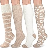 Geyoga 4 Pairs Leopard Knee High Fuzzy Socks for Women Soft Warm Plush Long Cozy Winter Animal Socks for Valentine Day Gifts