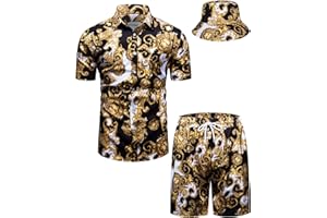 fohemr Mens Luxury Outfit Set Black Gold Shirts And Shorts 2 Piece Tracksuit Set Baroque Button Down Suit with Bucket Hats