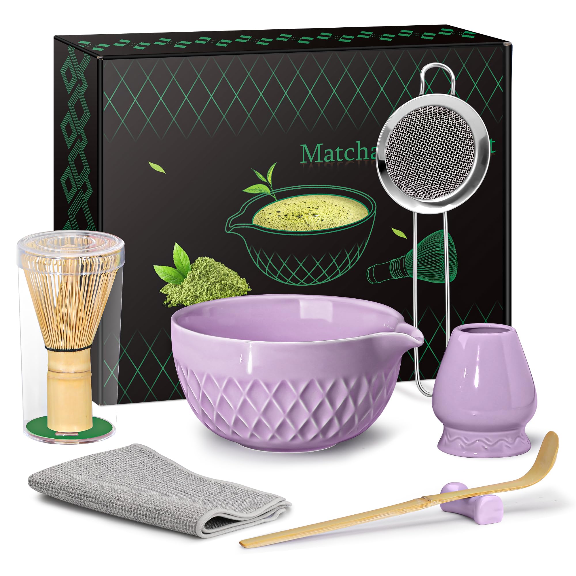 Matcha Whisk Set, 7 Pcs Matcha Kit, Ceramic Matcha Set Includes Matcha Bowl with Spout, Matcha Whisk and Holder, Bamboo Scoop, Scoop Rest, Sifter and Tea Towel (Royal Purple)