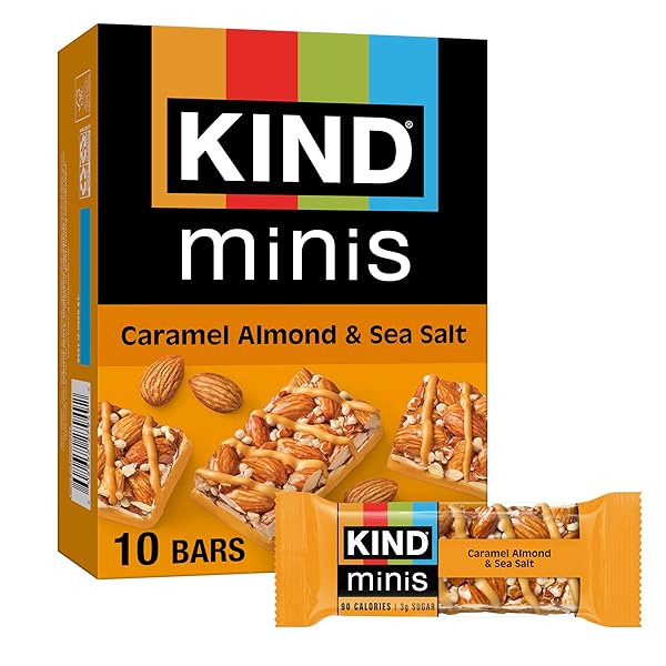 KIND MINI SNACK BARS, CARAMEL ALMOND & SEA SALT, GLUTEN FREE, LOW SUGAR, LOW CALORIE SNACKS, 10 COUNT