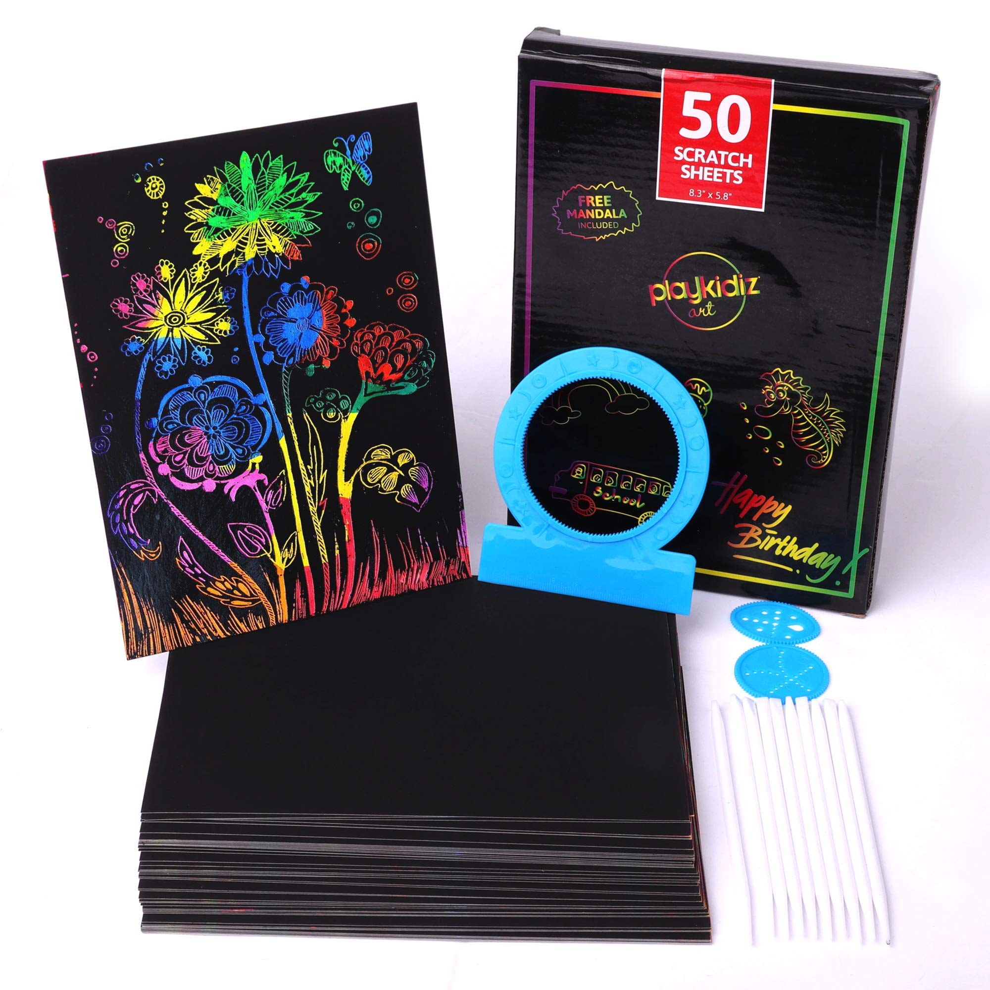 Playkidz Art Scratch It Color Art Sheets, 50 Rainbow Sheets, 10 Stencils and 3 Mandalas, Pictures & Art NO Ink. 8.3" x 5.8"