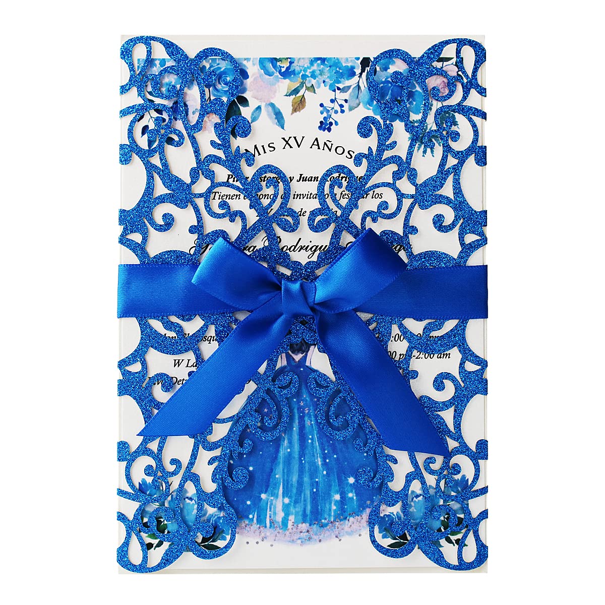 Photo 1 of KUCHYNEE 50PCS 5.1x7.3 Inch Blank Royal Blue Glitter Laser Cut Invitation Cards Hollow Floral Pocket Invitations with Envelopes For Wedding Quincenera Invite
