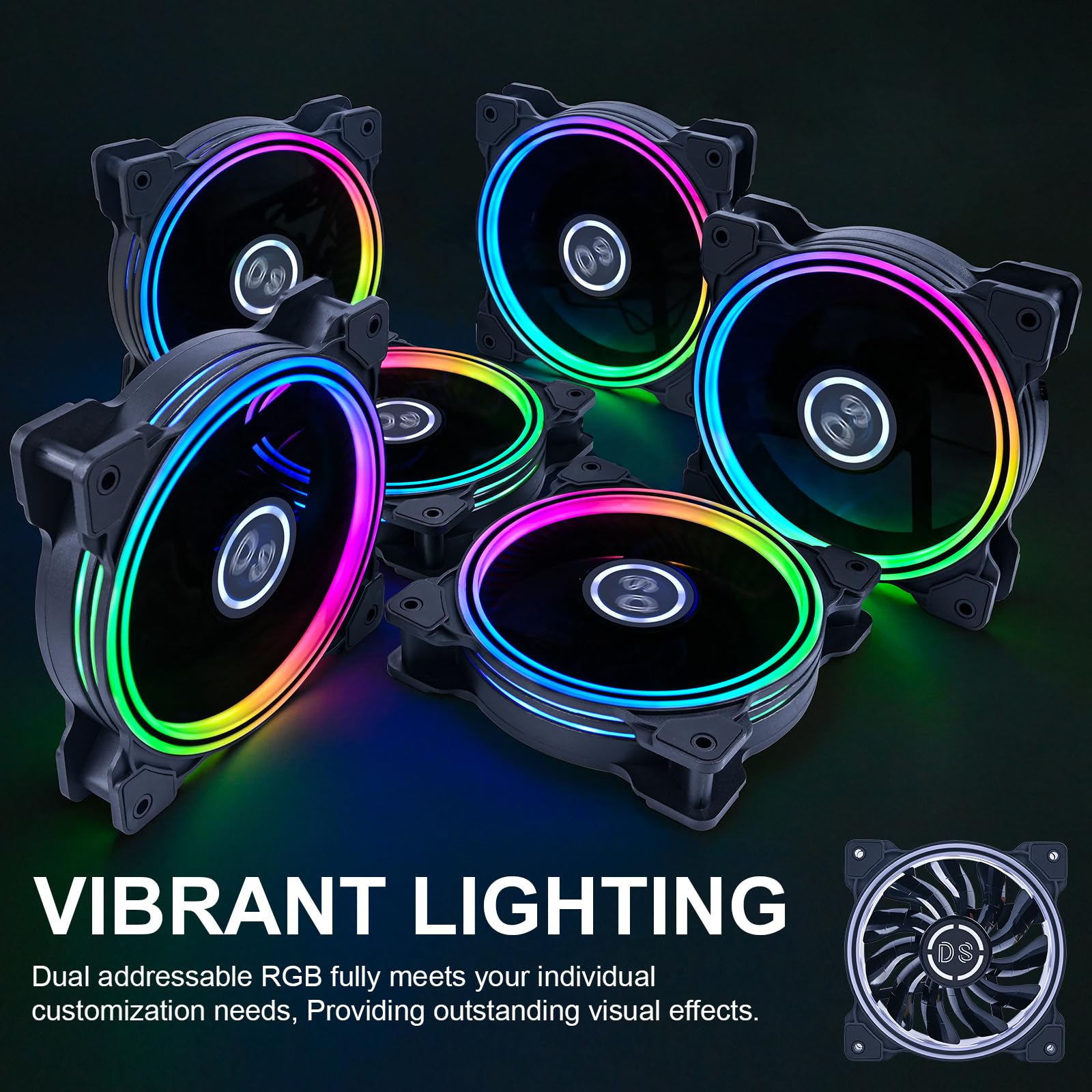 DS Wire Lighting Case Cooling Fan for Black PC Cases, 120MM LED Fans with 8th GEN Controller for Black Computer Case, CPU Coolers, Radiators System (6 Pack RGB Fans Kit, D Series)