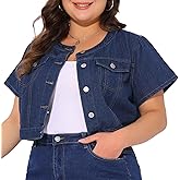 Agnes Orinda Women's Plus Size Denim Vest Tops Crew Neck Button Down Short Sleeve Cropped Jean Jacket