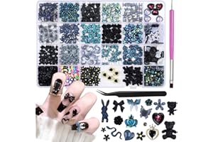 editTime Black 3D Mix Color Nail Art Charms Kit, Resin Camellia Rose Magritte Flower Butterfly Bow Moon Heart Love Star Bear Snake Crown Hollow Pearl Nail Charms with Tweezers and Pickup Pen(C5-black)