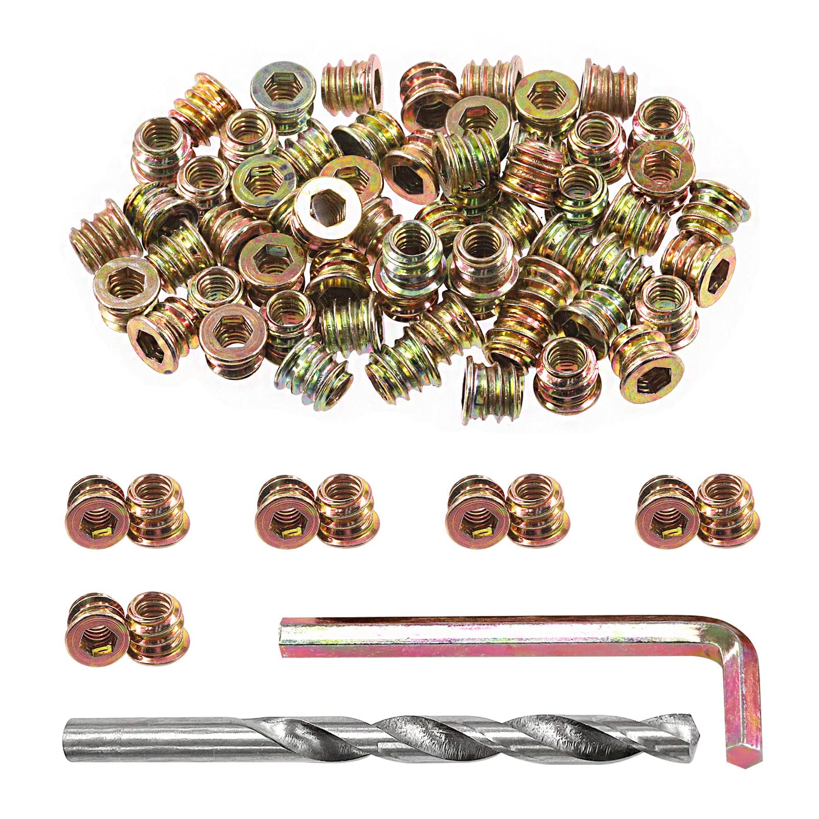 Swpeet 60Pcs 1/4"-20 x 10mm Carbon Steel Color Zinc Plated Wood Inserts and 11mm Twist Drill with 1Pcs Wrench Assortment Kit, Bolt Furniture Screw in Nut Threaded Hex Socket Drive