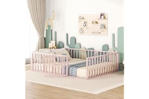 Brisca Queen Size Metal Floor Bed Frame with Fence and Door,Versatile Montessori Beds,No Box Spring Needed,Easy to Install,for Kids,Boys,Girls,Pink