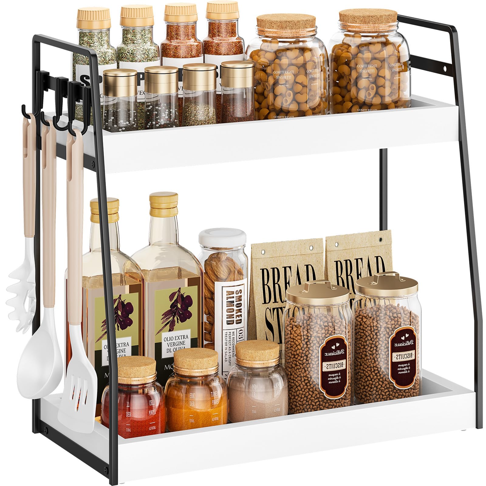 VITVITI Spice Racks, 2 Tier Cupboard Shelf Organiser with 4 Hooks, Wooden Desk Storage Rack, Coffee Station Organizer, Desktop Organizer for Kitchen, Dining Room, Office - White