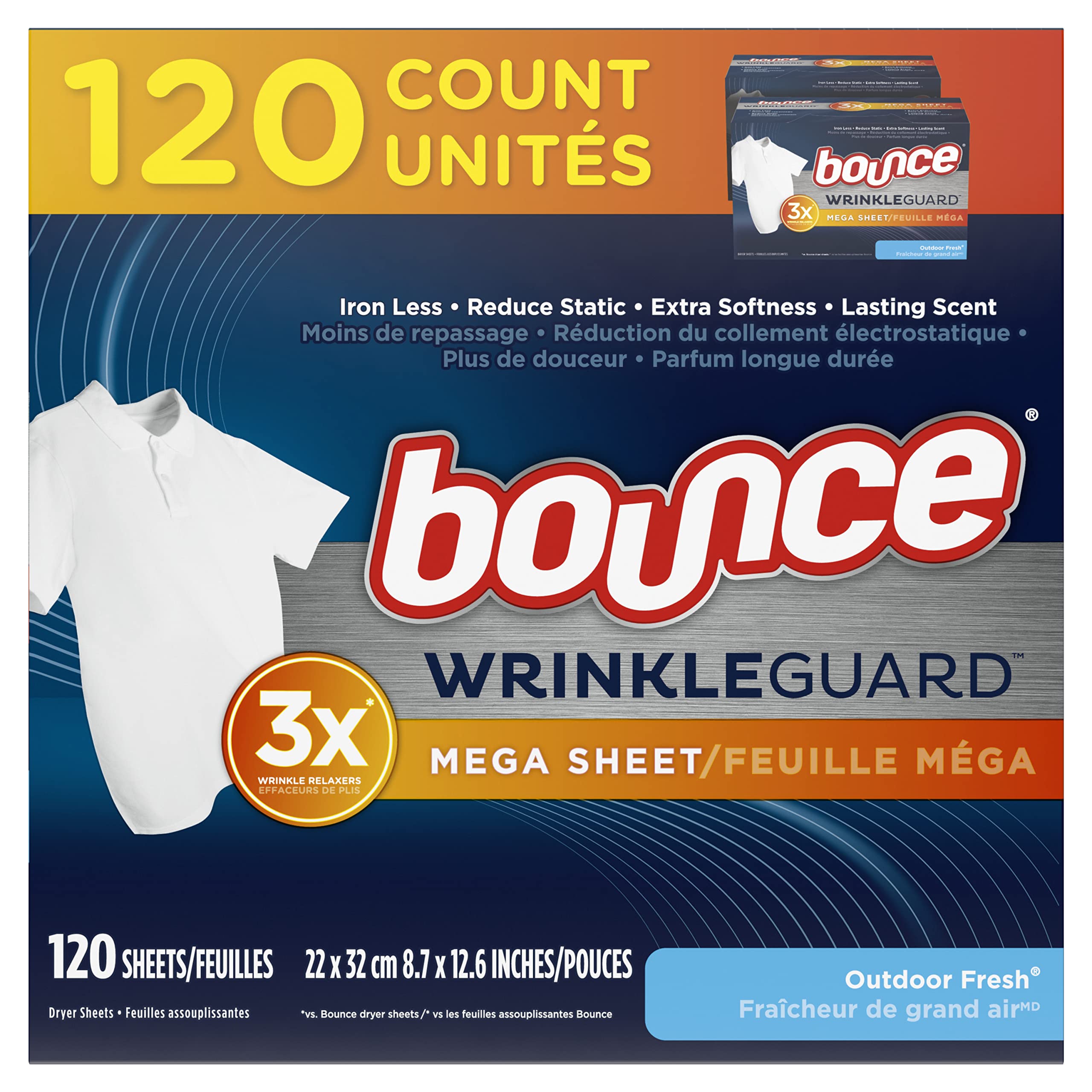 Bounce WrinkleGuard Mega Dryer Sheets, Fabric Softener and Wrinkle Releaser Sheets, Outdoor Fresh Scent, 120 Count (Pack of 2, 60 Count Each)