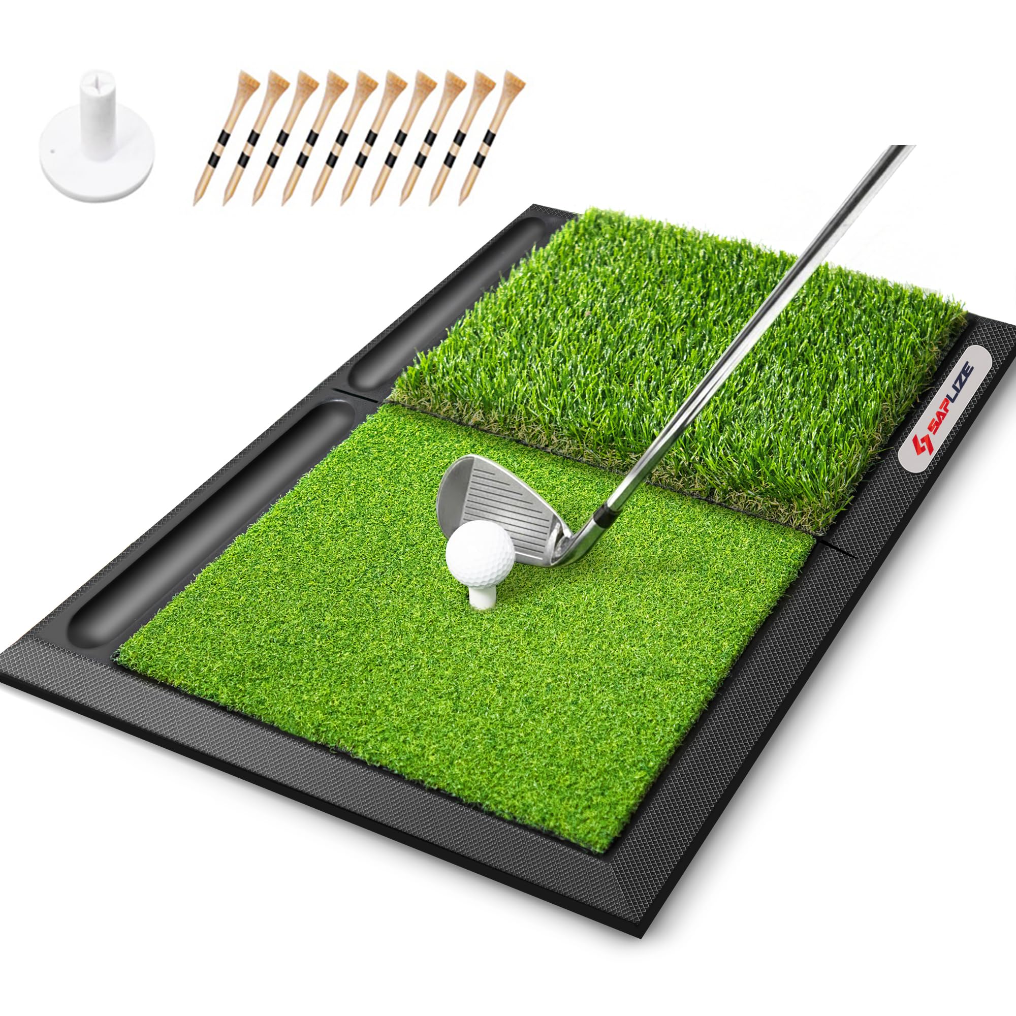 SAPLIZE 25" x 17" Golf Hitting Mat with Ball Tray, Heavy Rubber Base, Fairway & Rough Turf (Golf Tees and Rubber Tee Holder Included), Portable Golf Practice Mat for Indoor& Outdoor