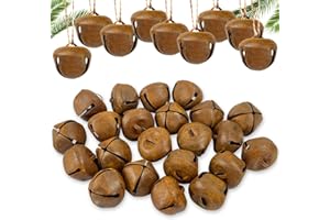 ASEKONC 24 Pcs Christmas Rusty Jingle Bells with Star Cutouts Sleigh Bells,1.17 Inches Craft Bells with Twine for Christmas Tree Holiday Season Primitive Country Décor