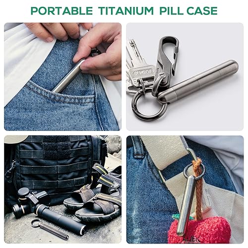TISUR Small Keychain Pill Holder, Titanium Pill Case Waterproof Pill Fob  for Travel Purse Pocket, Portable Pil