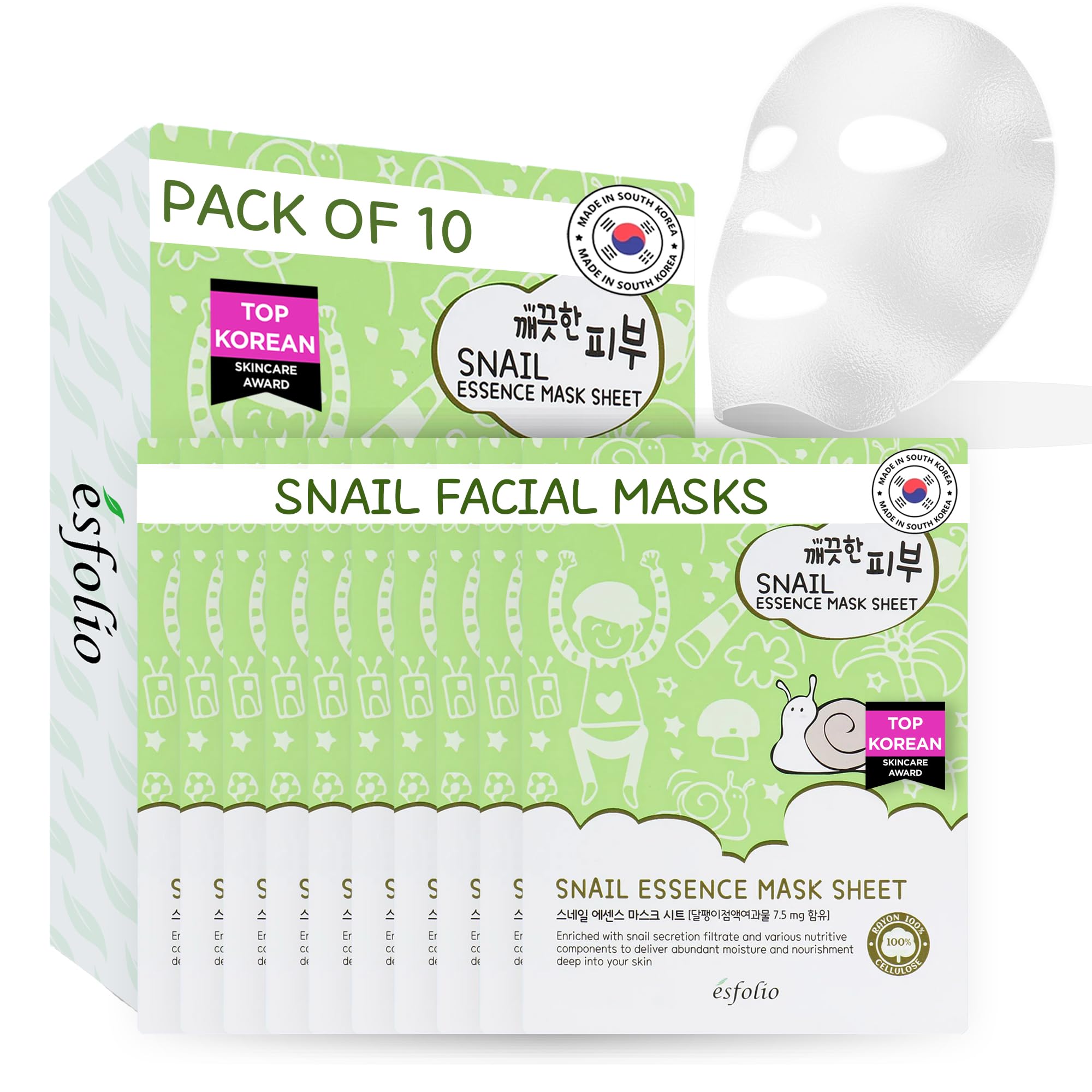 Esfolio Pure Skin Essence Mask Sheet Anti-Aging Rejuvenation Hydration Snail (Pack of 10) …