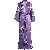 BABEYOND Women's Kimono Robe Long Satin Silky Floral Lightweight Bridesmaid Wedding Bachelorette Party Robe