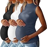 Riyiper 3 Pack 92% Cotton Mock Turtleneck Maternity Tank Tops, Ribbed Sleeveless Side Ruched Slim Pregnancy Shirts for Women