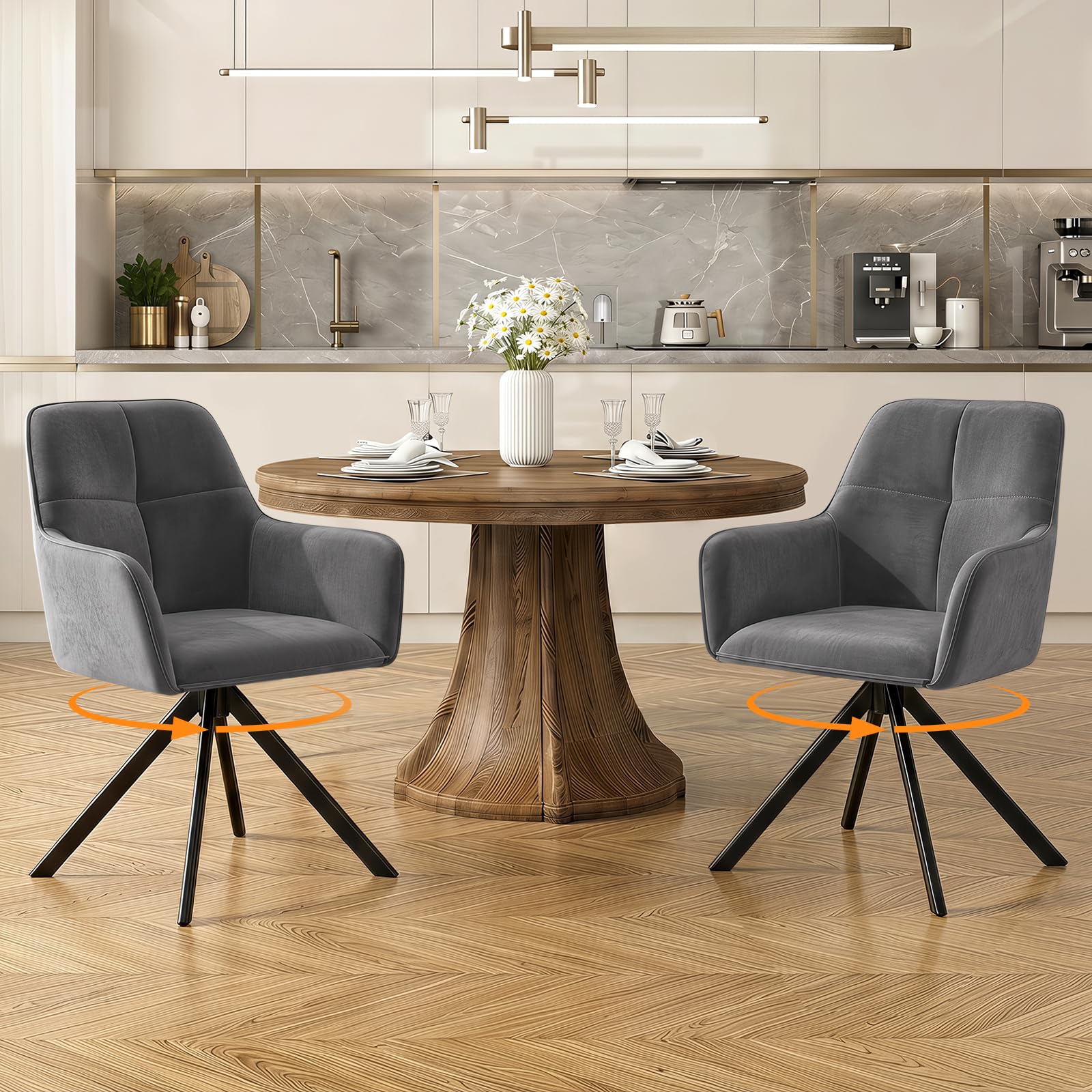 Ckaff Esszimmerstühle Drehbar 6er Set mit Armlehne, 360°Drehbar Polsterstuhl Samt Modern Drehstuhl Küchenstuhl mit Metallgestell und Rückenlehne für Esszimmer, Wohnzimmer, Büro, Dunkelgrau 9