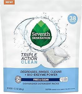 Seventh Generation Triple Action Clean Dishwasher Detergent Packs 1 pack Free & Clear For de-greasing and cleaning even the t