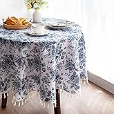 LOVOUS Vintage Blue Floral Round Tablecloth 60 Inch - Washable Linen Table Cloth for Round Table Cover Indoor & Outdoor Dining, Restaurant, Picnic, Pastoral Tablecloth Decor