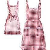 JJYHEHOT Women Classic Vintage Apron, Red and White Gingham Cotton Apron, Home Kitchen Chef Bib