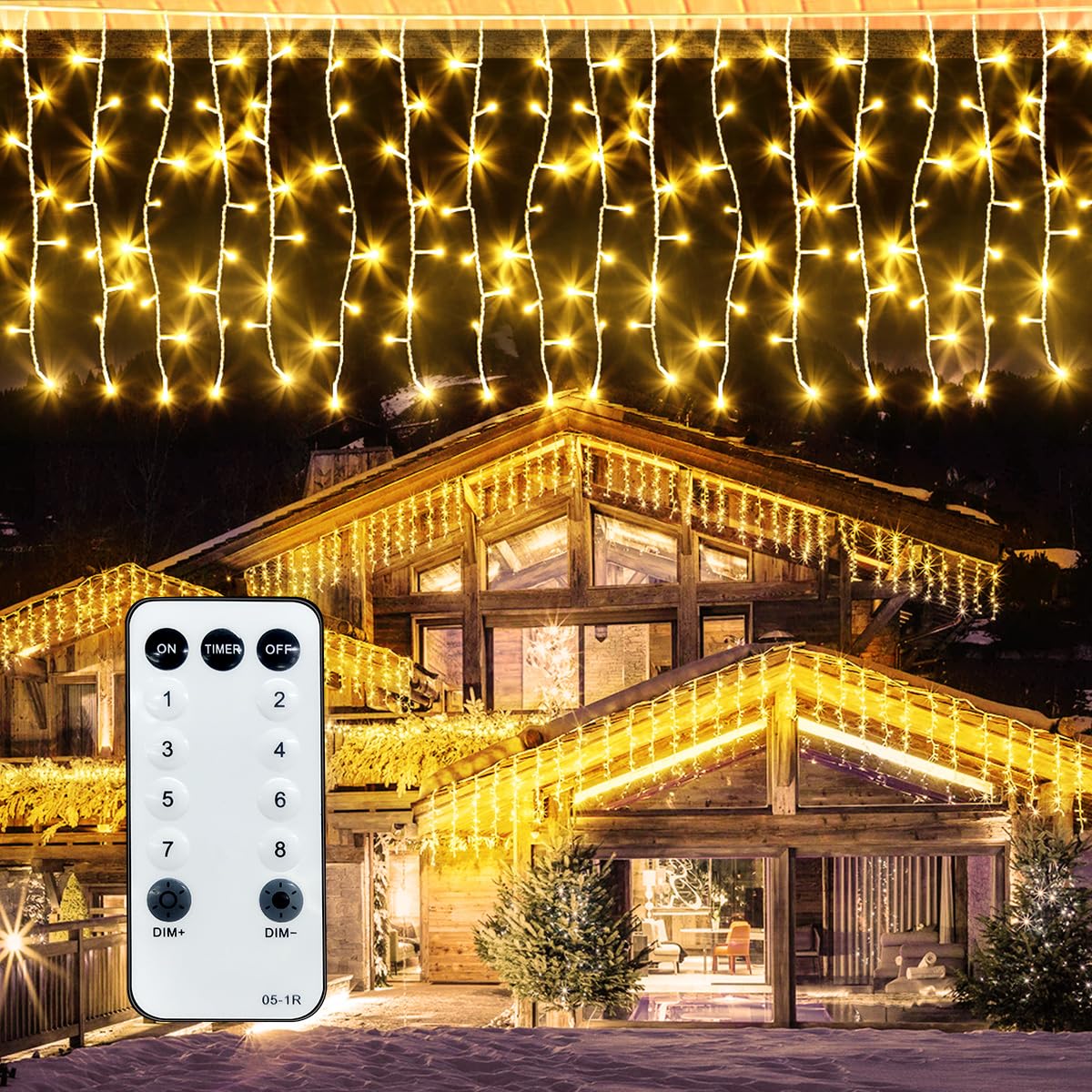 Photo 1 of ROSCOO 32.8FT Icicle Lights, Christmas Outdoor with 400LED 75 Drops, IP65 Waterproof Eaves Lights, 8 Modes, for Christmas Eaves Garden Room Decoration Warm White