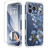 GVIEWIN for iPhone 17 Pro Max Case with Screen Protector, Upgraded [Full Camera Protection] [Non Yellowing] Floral Slim Shockproof Clear Women Phone Cover for iPhone 17 Pro Max 6.9" (Aconite/Blue)