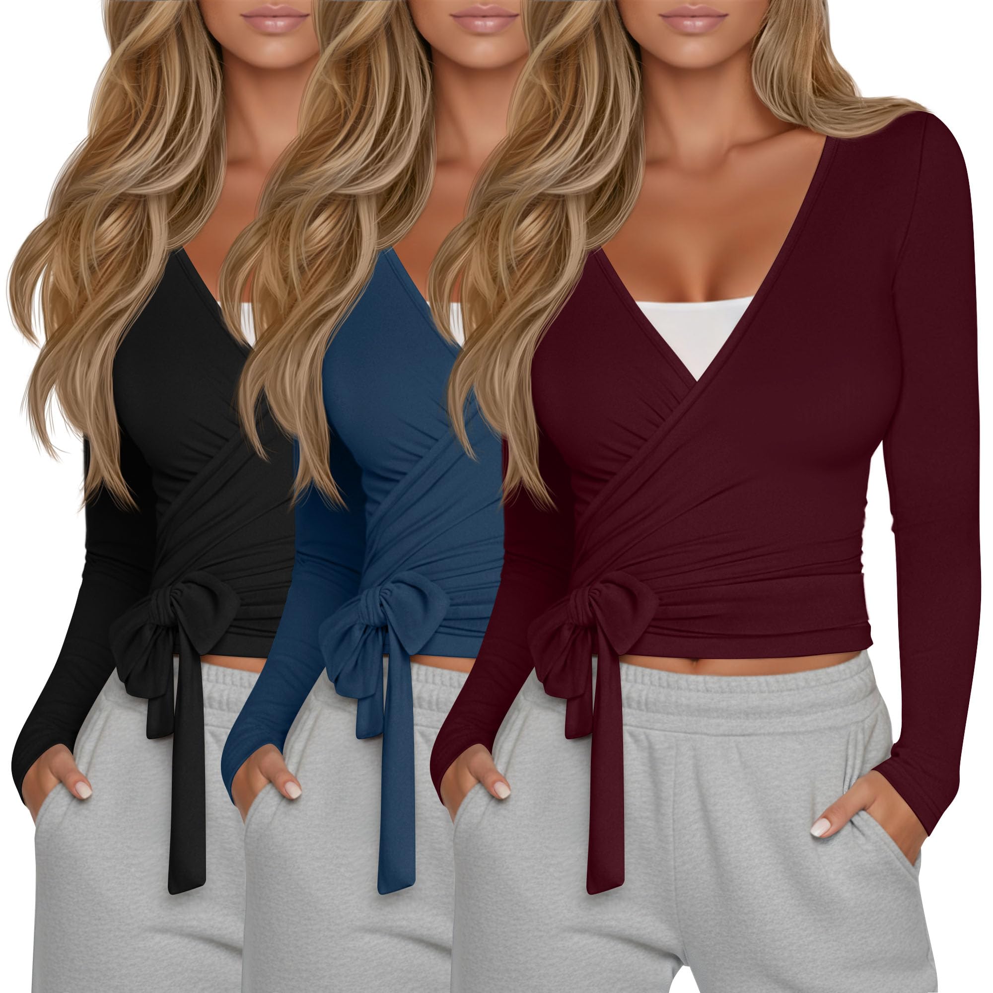Photo 1 of Oakgarden 3 Pack Women's Tie Wrap Tops, Long Sleeve Workout Ballet Yoga Pilates Shirts Deep V Neck Tie Front Y2k Blouses(Black, Navy Blue, Wine Red,Medium)