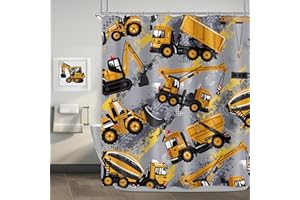 Homewelle Boy Cartoon Truck Shower Curtain Kid Child Tractor Construction Yellow Machinery Excavator Digger Grey 60Wx72H Inch Funny Cool Toddler Nursery Waterproof Polyester Fabric Bathroom Bathtub