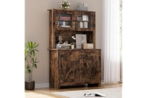 63" Farmhouse Kitchen Pantry Cabinet, Buffet Hutch with Cupboard & Adjustable Shelves, Tall Freestanding Storage Cabinet with