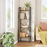Hoctieon 4-Tier Industrial Ladder Bookshelf, Narrow Ladder Shelf, Tall Standing Bookshelf, Skinny Open Ladder Shelf, for Living Room, Home Office, Kitchen, Bedroom, Metal Frame, Rustic Brown
