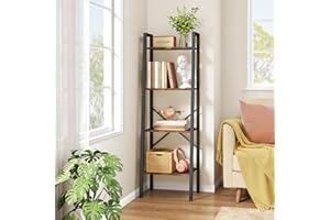 Hoctieon 4-Tier Industrial Ladder Bookshelf, Narrow Ladder Shelf, Tall Standing Bookshelf, Skinny Open Ladder Shelf, for Living Room, Home Office, Kitchen, Bedroom, Metal Frame, Rustic Brown