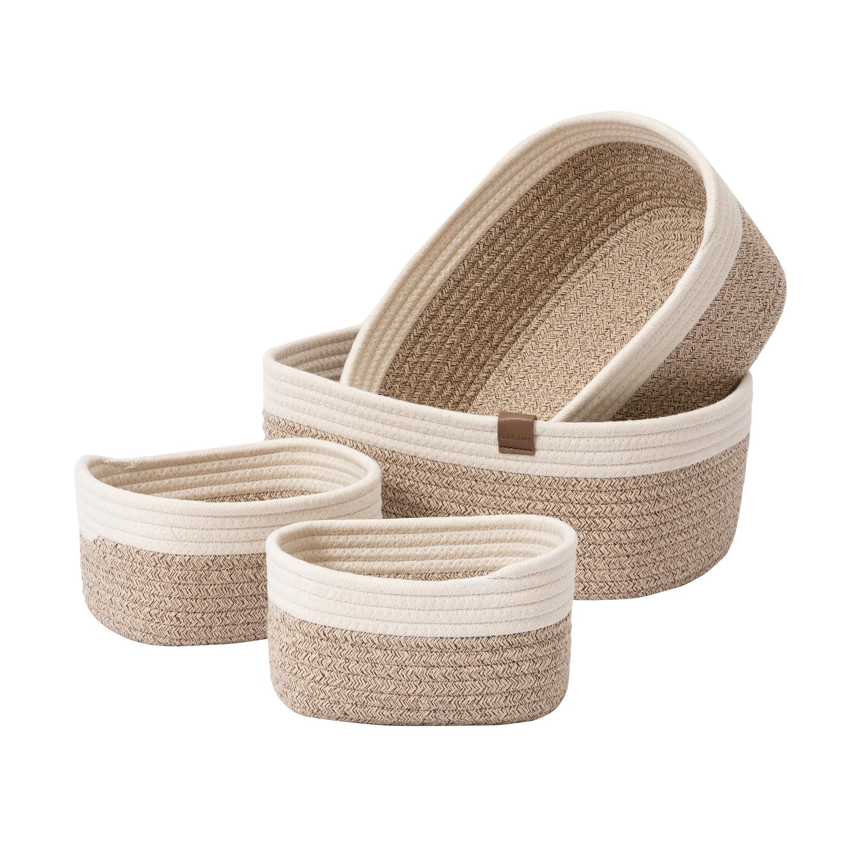 LA JOLIE MUSE Rope Storage Baskets for Organizing, Small Cotton Woven Basket for Bathroom Shelf Nursery, Decorative Basket Organizer Bins 4 Pack, White&Desert