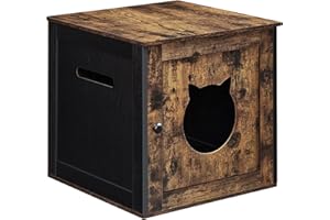 Feandrea Cat Litter Box Furniture, Hidden Litter Box Enclosure Cabinet with Single Door, Indoor Cat House, End Table, Nightstand, Rustic Brown and Black UPCL004X02