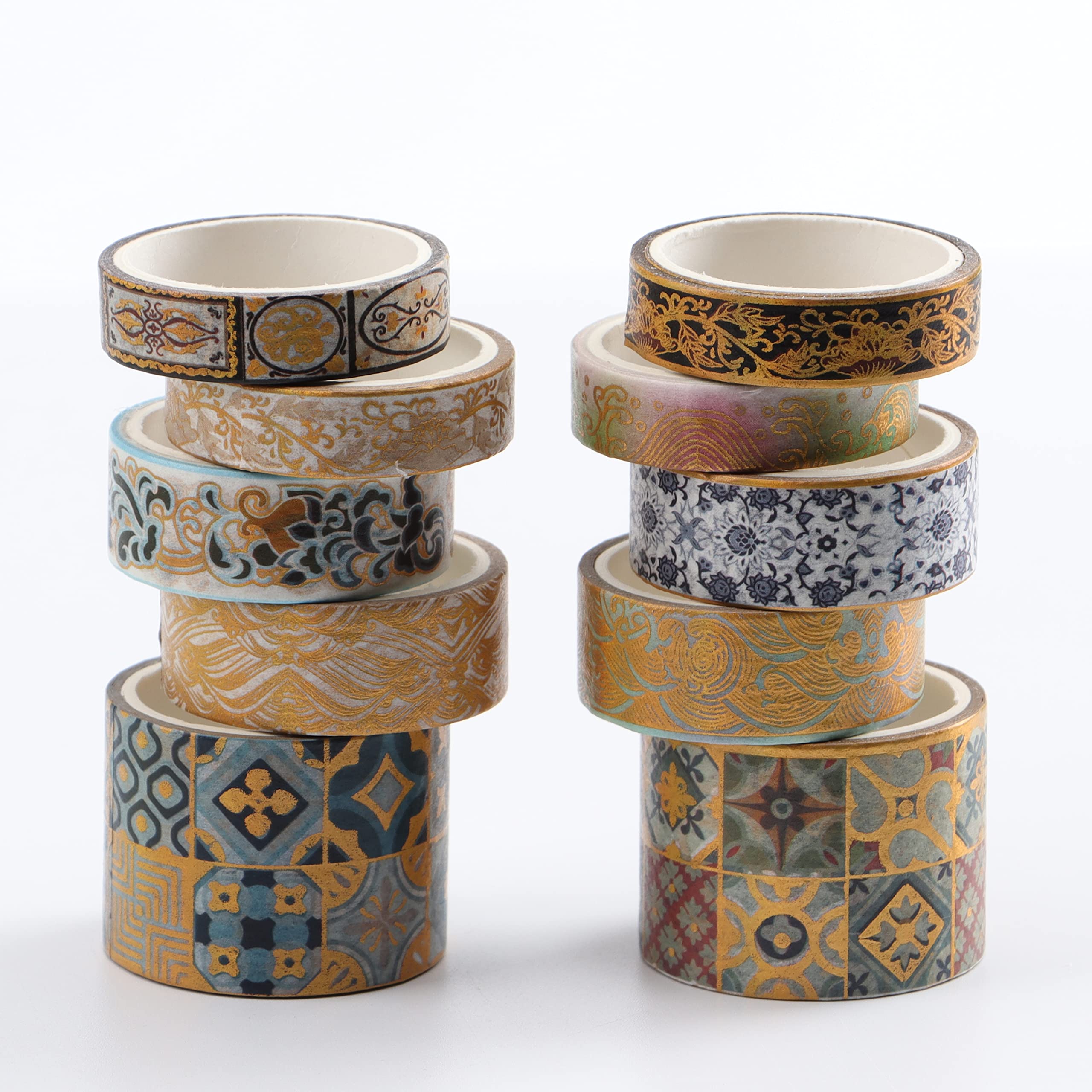 LGEGE 10 Rolls Aesthetic Washi Tape Set,30/15/10 mm Wide, Gold Foil Decorative, Masking Tape Décor for Scrapbook, DIY Craft, Scrapbooking Supplies, Gift Wrapping, Journal, Planners