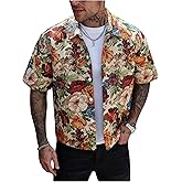 BEAUDRM Men's Vintage Floral Print Shirt Vintage Button Down Short Sleeve Collared Hawaiian Shirts Vacation Tops