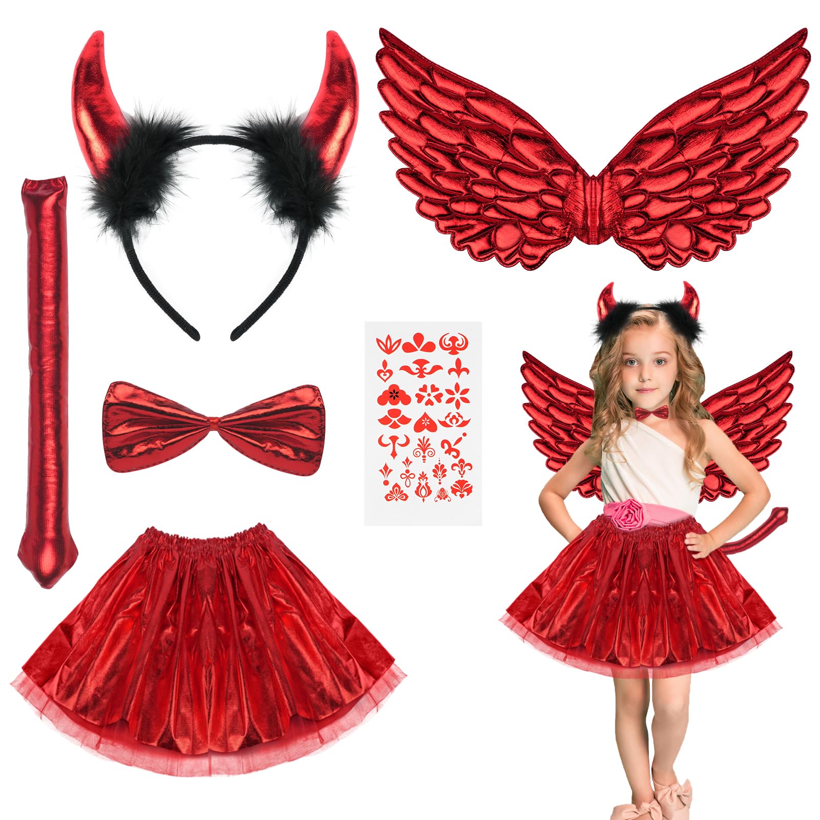ACWOO 6pcs Kids Devil Halloween Costume, Devil Fancy Dress Include Red Devil Horns Headband, Angel Wings, Tutu Dress, Demon Tail, Bowtie, Sticker, Angel Costume Cosplay for Halloween Party Christmas
