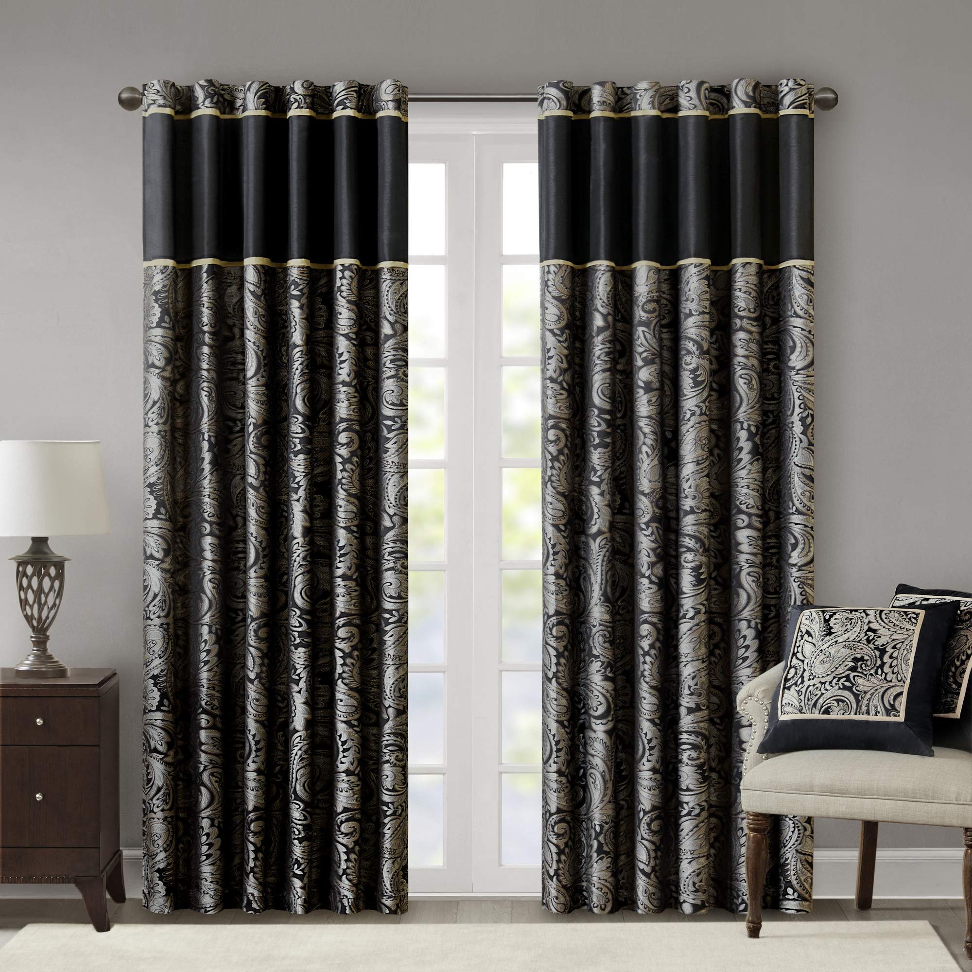 Madison Park Aubrey 2 Panel Curtain Faux Silk Paisley Jacquard, Rod Pocket Curtain for Living Room, Kitchen, Room Darkening Window Drape for Bedroom and Dorm, 2-PK 50x108, Black