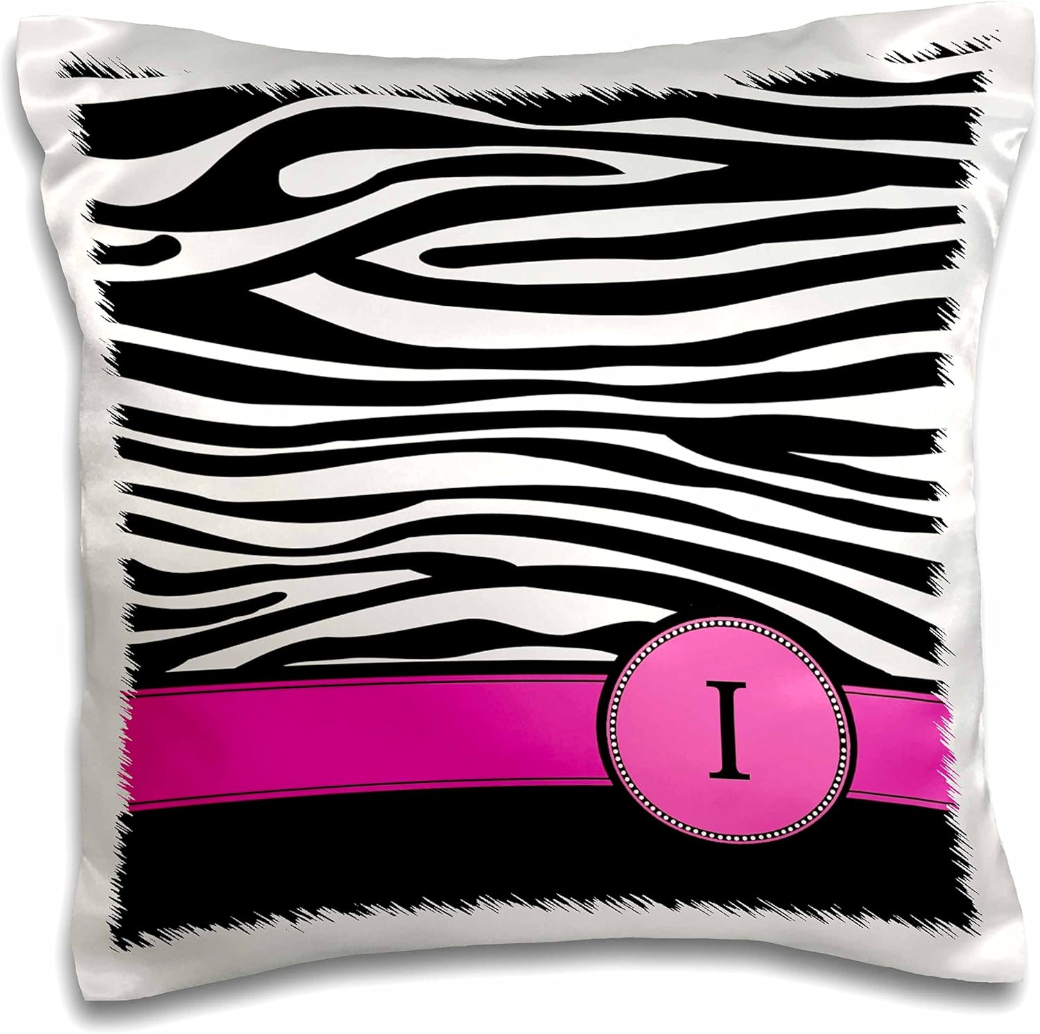 3dRose Letter I Monogrammed Black and White Zebra Stripes Animal Print with hot Pink Personalized Initial-Pillow Case, 16-inch (pc_154280_1)