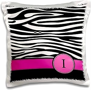 3dRose Letter I Monogrammed Black and White Zebra Stripes Animal Print with hot Pink Personalized Initial-Pillow Case, 16-inch (pc_154280_1)