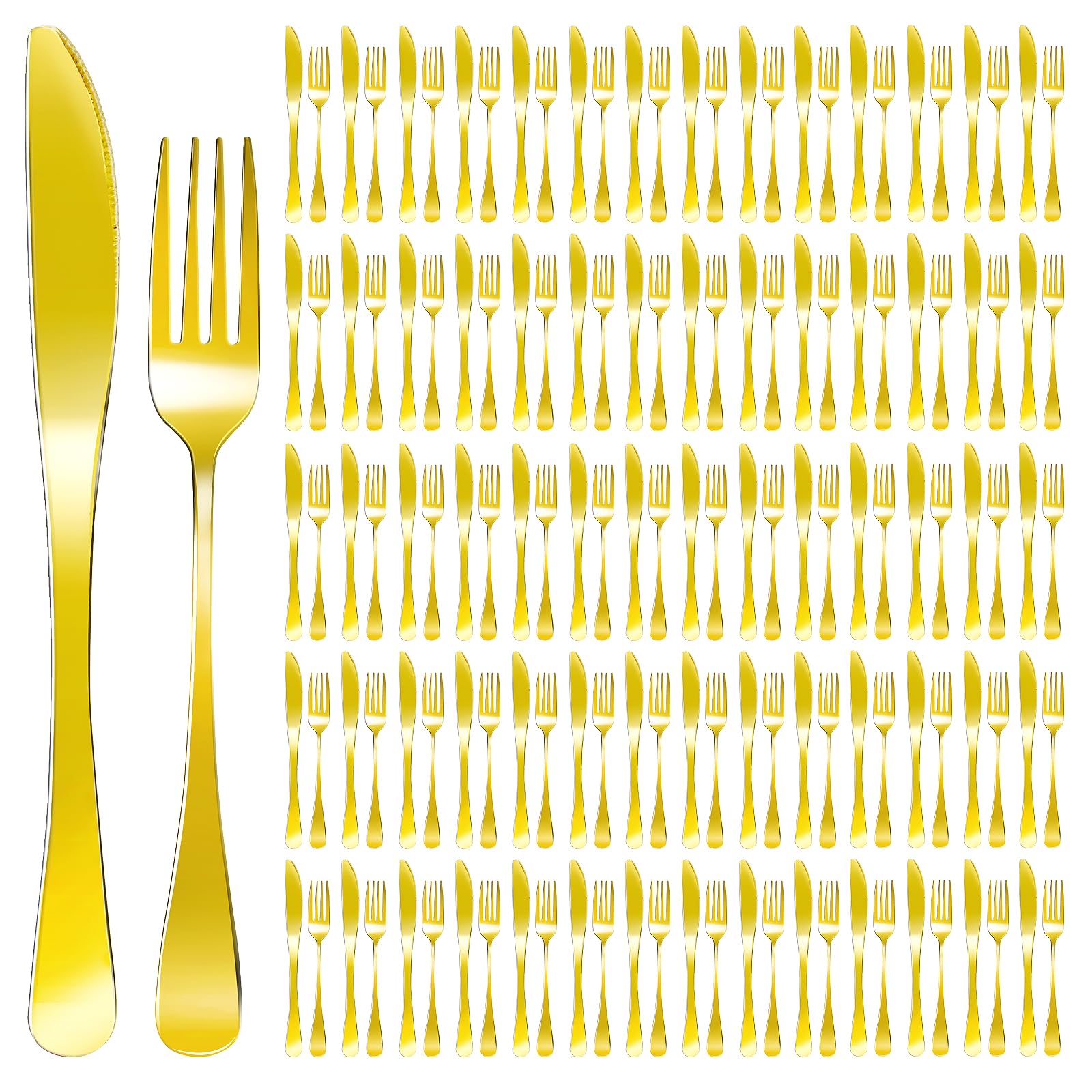 Photo 1 of 100 Pcs Stainless Steel Gold Silverware Set Bulk Flatware Set Service for 50, 50 Pcs Dinner Forks and 50 Pcs Dinner Knives Tableware Cutlery Set for Butter Kitchen Restaurant, Dishwasher Safe